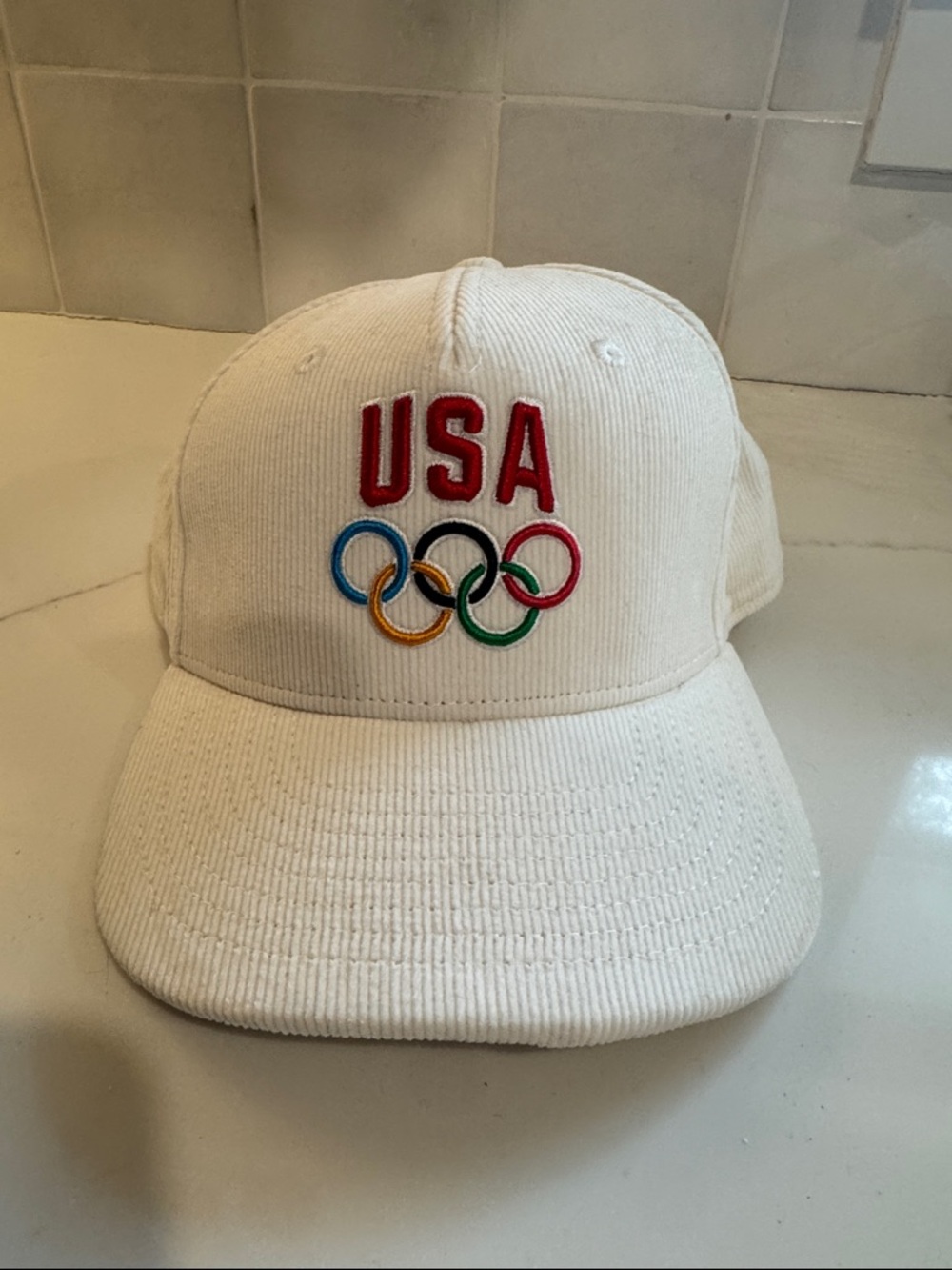 USA Olympic Rings Embroidered White Corduroy Cap